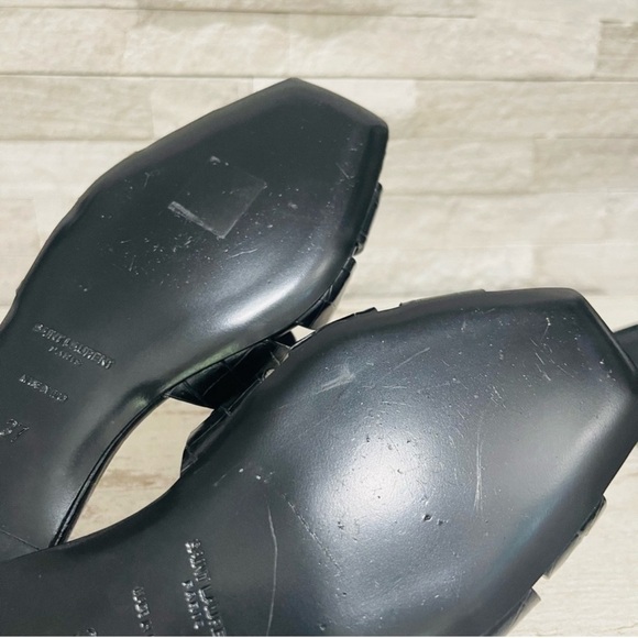Saint Laurent Size 37 YSL Leather TRIBUTE Black Croc Embossed Flat Slide Sandals - Picture 11 of 13